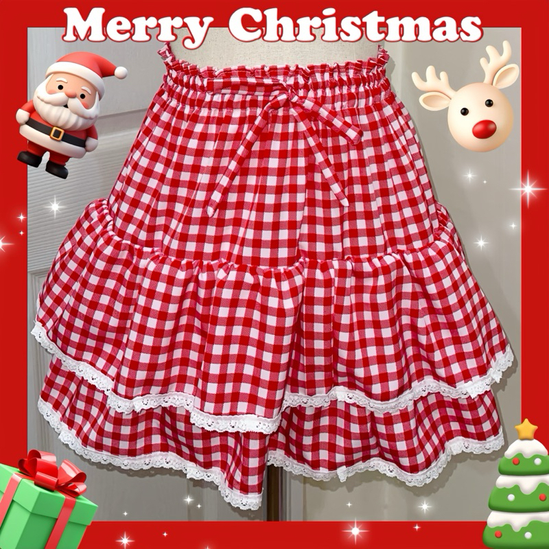Mademixmatchy scott skirt กระโปรงลายสก๊อตสุดคิ้ว น่ารักดำ/แดง คริสต์มาสเดย์