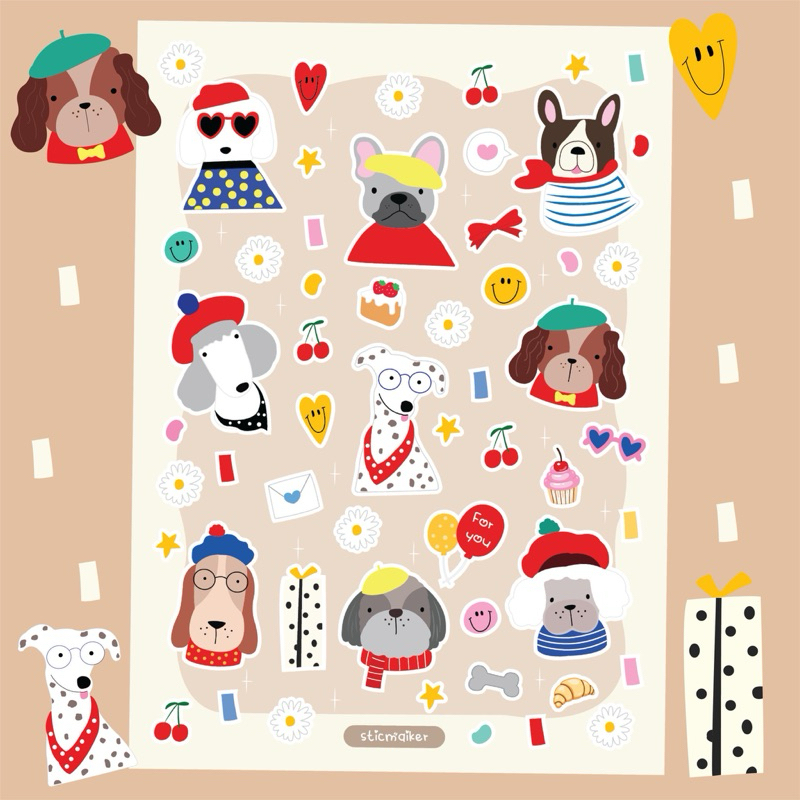 สติกเกอร์ pvc ลาย CuteDog สติกเกอร์ไดคัทพร้อมติด (ลงเรซิ่นทับได้) สีสวยคมชัด ไม่มีคราบกาว
