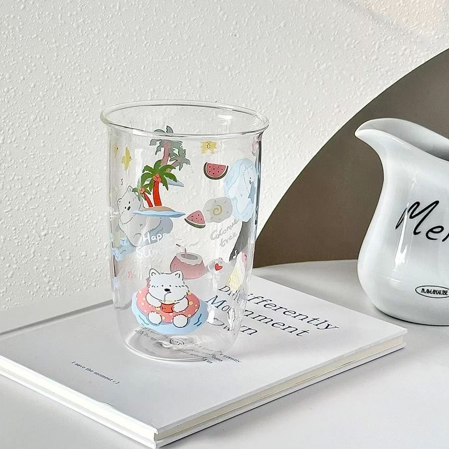 ส่งจากไทย🏝️แก้วน้ำ ทรงสูง แก้วน้ำผลไม้ Summer Happy น้องหมาพักร้อนบนเกาะ 71031