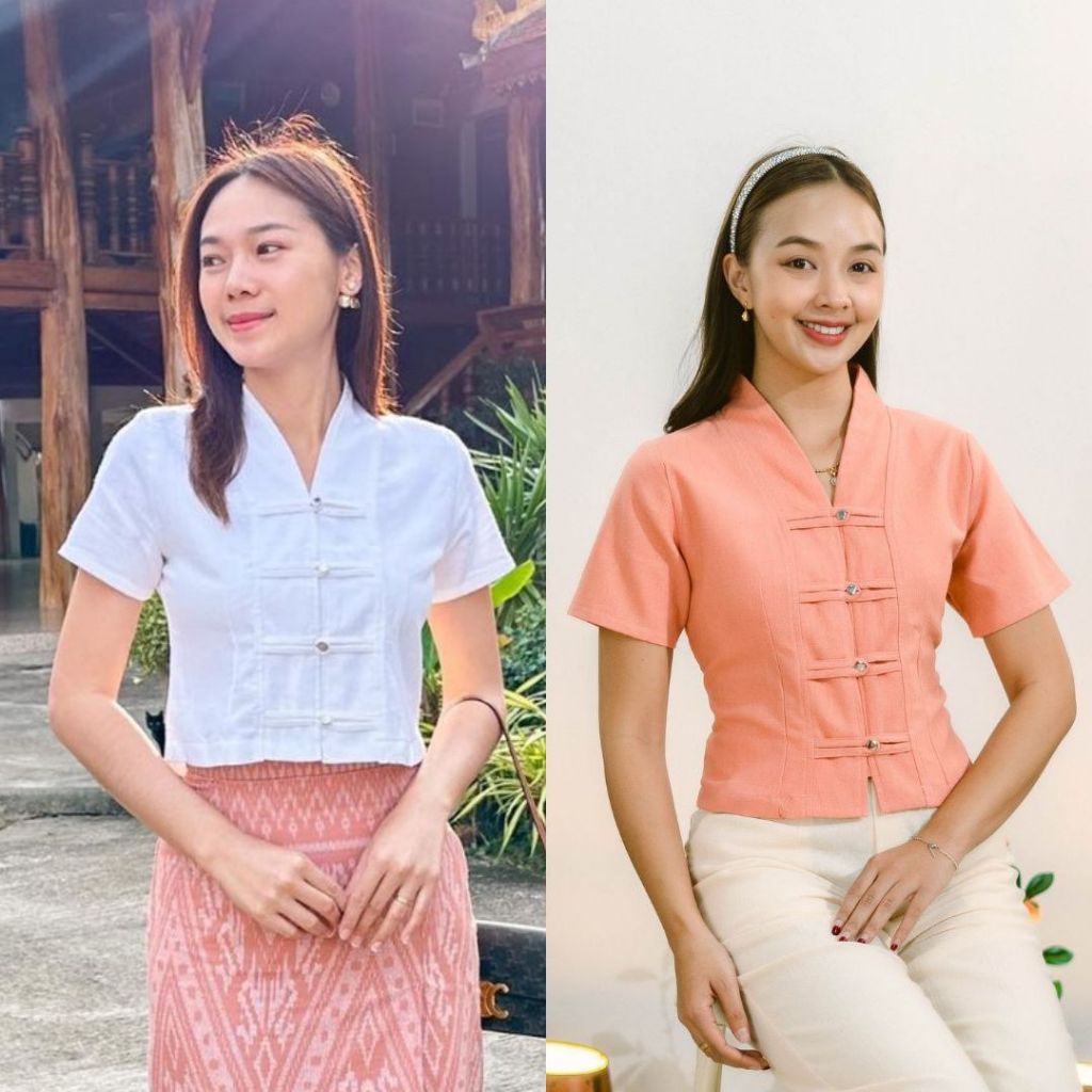 เสื้อบัวตองแขนสั้น กระดุมเงิน ผู้หญิง น่ารัก