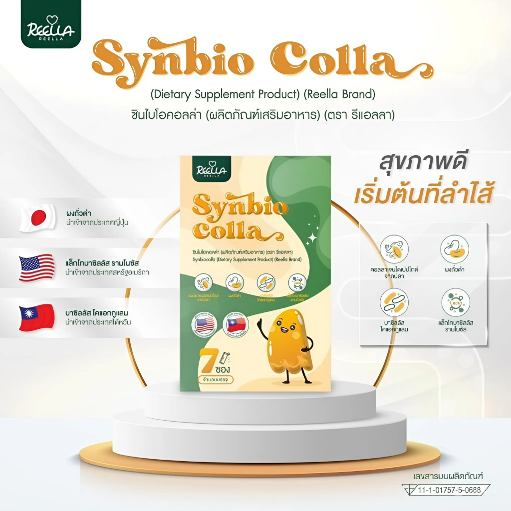 Synbiocolla ผลิตภัณฑ์เสริมอาหาร โพรไบโอติก พรีไบโอติก ผสมคอลลาเจน ปรับสมดุลลำไส้ ผิวใส ลดบวม