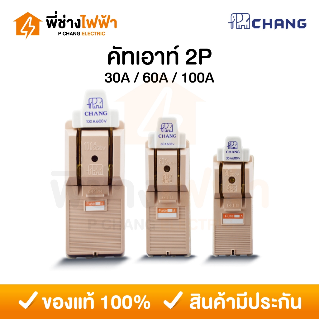 Chang คัทเอาท์ 2P 30/60/100A พร้อมฟิวส์ในกล่อง คัทเอาท์แบบสับทางเดียว สะพานไฟ คัทเอาท์2สาย ตราช้าง