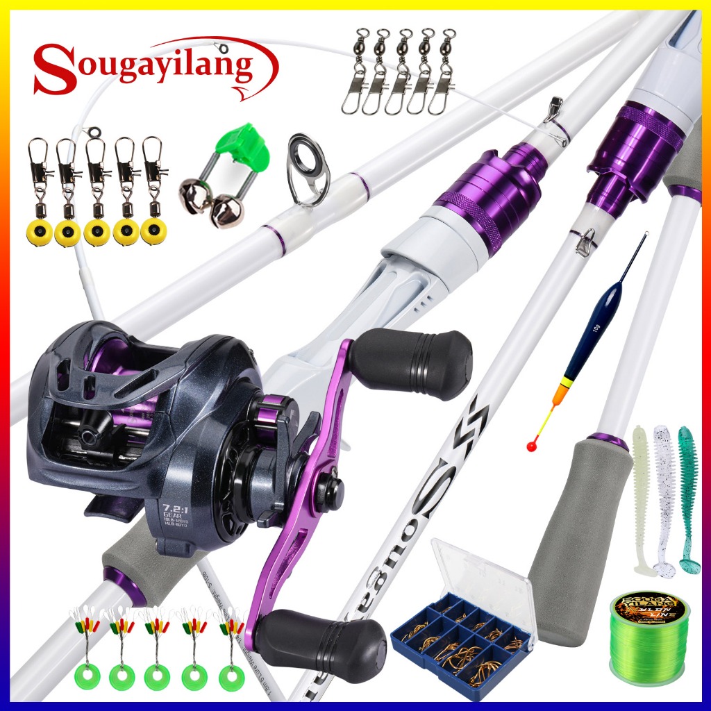 Sougayilang ชุดตกปลาหล่อ 1.8M เบ็ดตกปลาคาร์บอนไฟเบอร์ 8+1 ตลับลูกปืน 7.2: 1 อัตราทดเกียร์ตกปลา ถ้วยลวดอลูมิเนียม ล้อตกปล