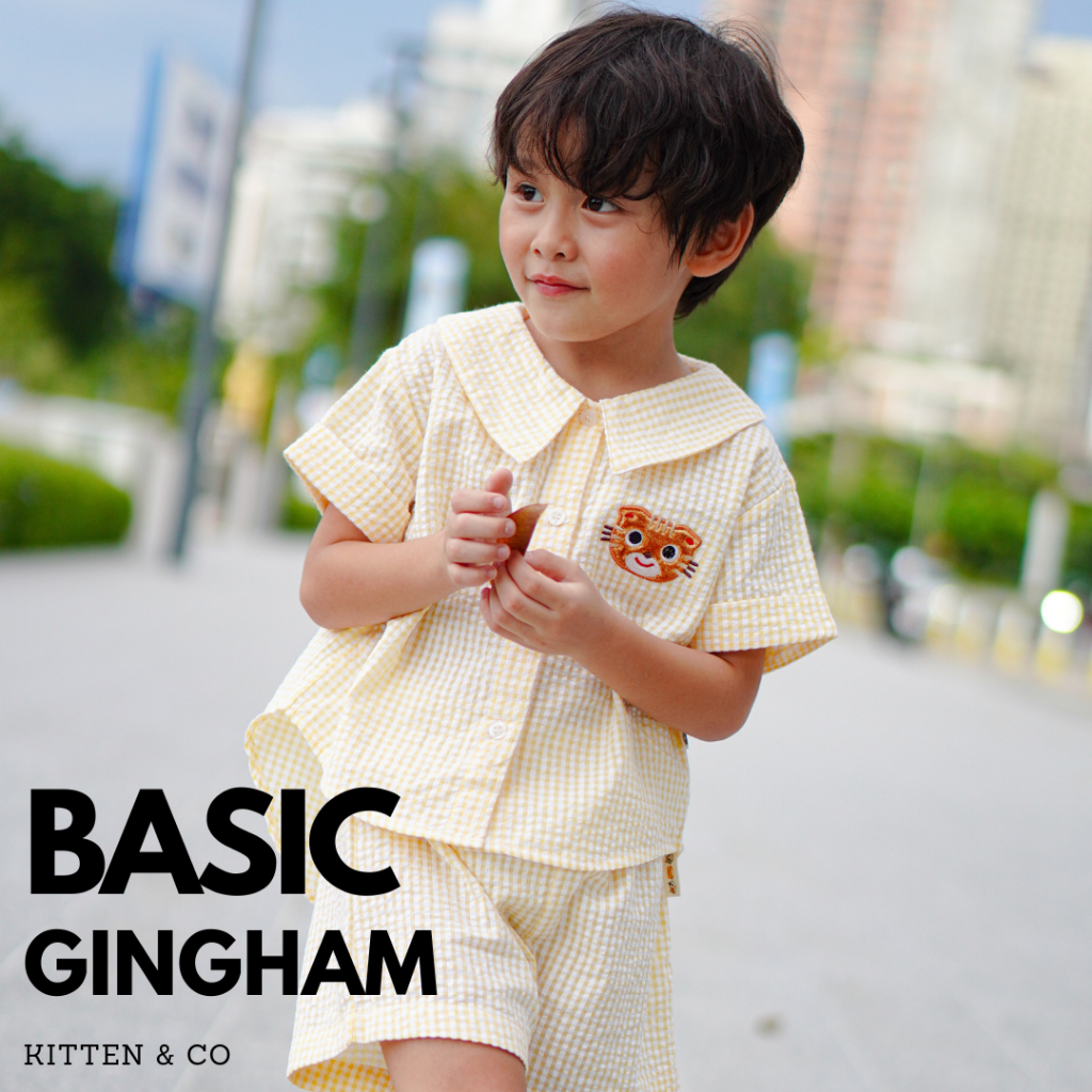 Kitten&Co: Setเสื้อเชิ้ตกางเกงขาสั้นสีเหลืองลาย Gingham (BS18)