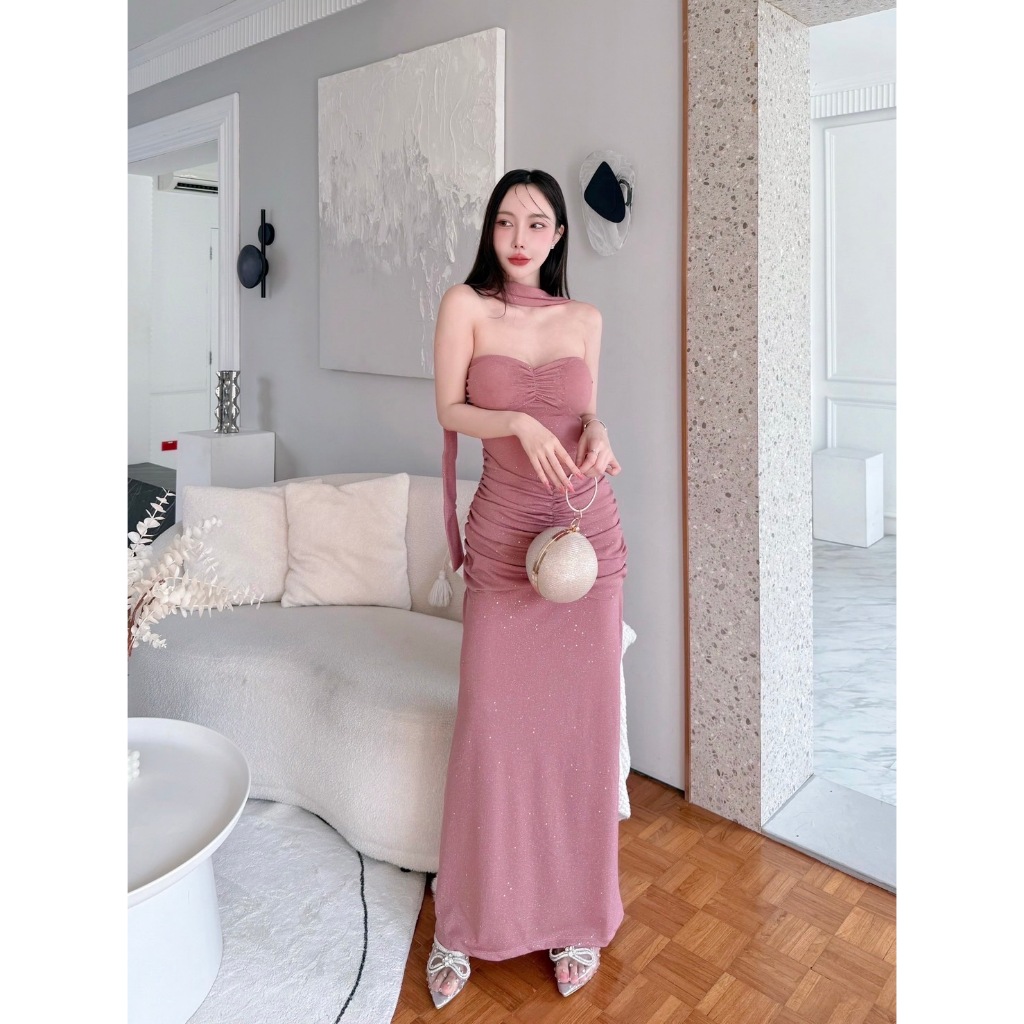 Dinny Dress เดรสออกงาน เดรสยาวเกาะอก รุ่นจีบหน้า+ผ้าพันคอ  ชุดไปงานแต่ง ชุดเพื่อนเจ้าสาว ชุดออกเดท - รูปที่ 2