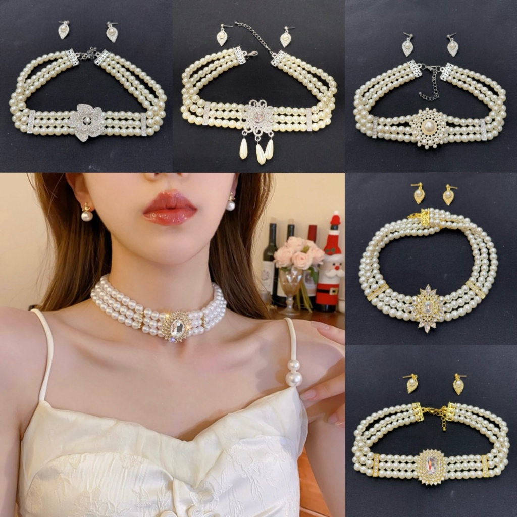 Accessories ชุดสร้อยไข่มุก สร้อยมุก พร้อมต่างหู สร้อยกองคอ สีเงิน ทอง ส่งจากไทยได้ของเร็ว