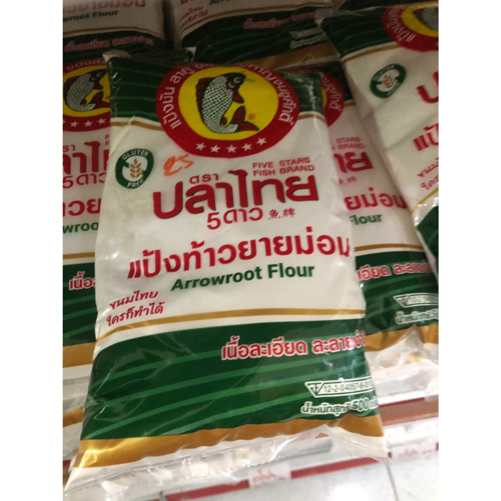แป้งท้าวยายม่อม ละเอียดตรา ปลาไทย 5 ดาว น้ำหนัก 500 กรัม ใช้ทำขนม แป้งท้าว แป้ง เนื้อละเอียด ละลายง่าย