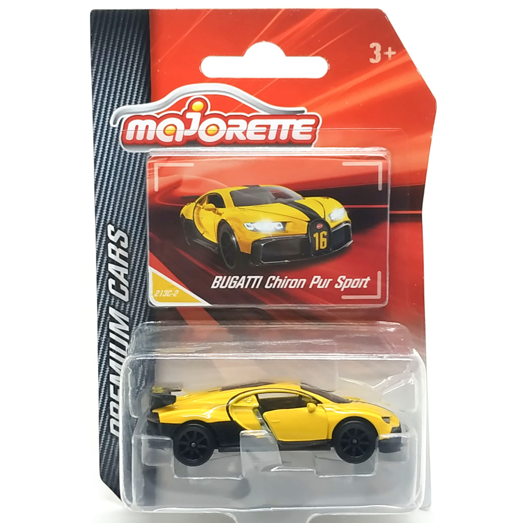 Majorette Bugatti Chiron Pur Sport สีเหลือง คาดดำ Scale 1/65 (8cm) package แบบมีการ์ด