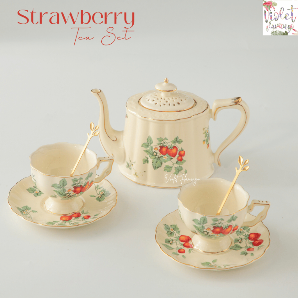 Violet Flamingo ชุดน้ำชา/ แก้วชา ลายสตรอเบอร์รี่ Strawberry Tea Set /แก้วชามาพร้อมกล่องของขวัญและถุง