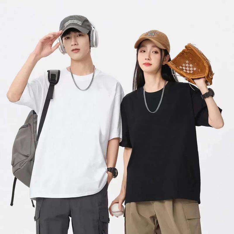 เสื้อยืดแขนสั้น เสื้อยืดเปล่า เสื้อยืดคอกลมผ้าฝ้าย สีทึบ หลวม สไตล์คู่รักคลาสสิก ใส่ได้ทั้งชายและหญิง มีไซส์ S-2XLกร