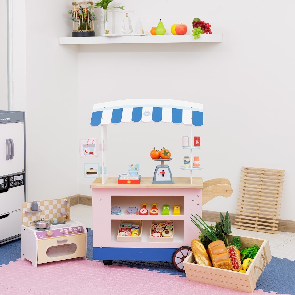 Genius Food Cart ชุดเซ็ทรถเข็นร้านขายอาหาร ของเล่นไม้ ของเล่นเสริมพัฒนาการ สำหรับเด็ก 3 ปีขึ้นไป