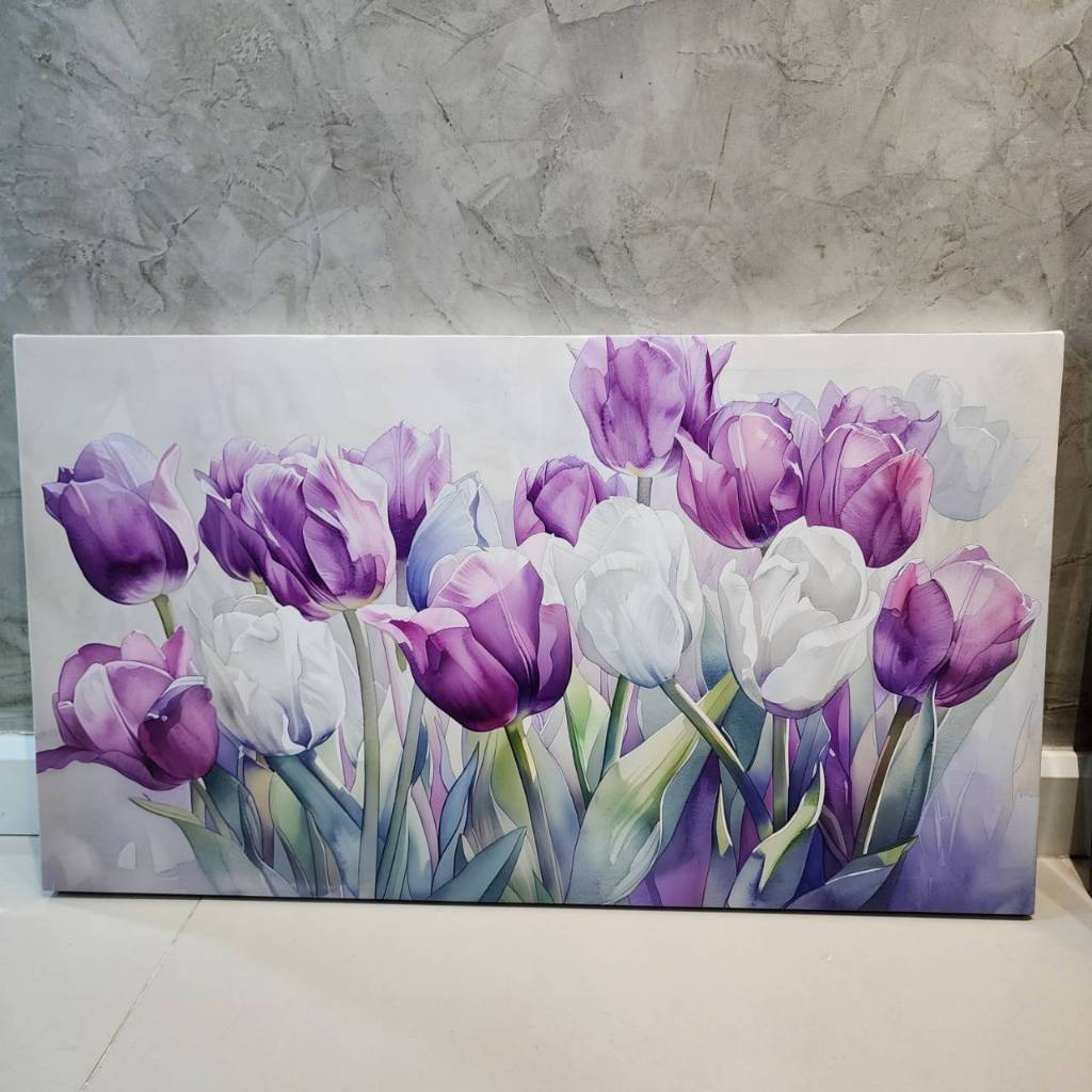 ส่งไว (ส่งจากไทย) ภาพแคนวาส Canvas ดอกทิวลิปสีม่วง กรอบลอยพร้อมแขวน ตกแต่งบ้าน ห้องนั่งเล่น สีสวยคมชัด คุณภาพดี