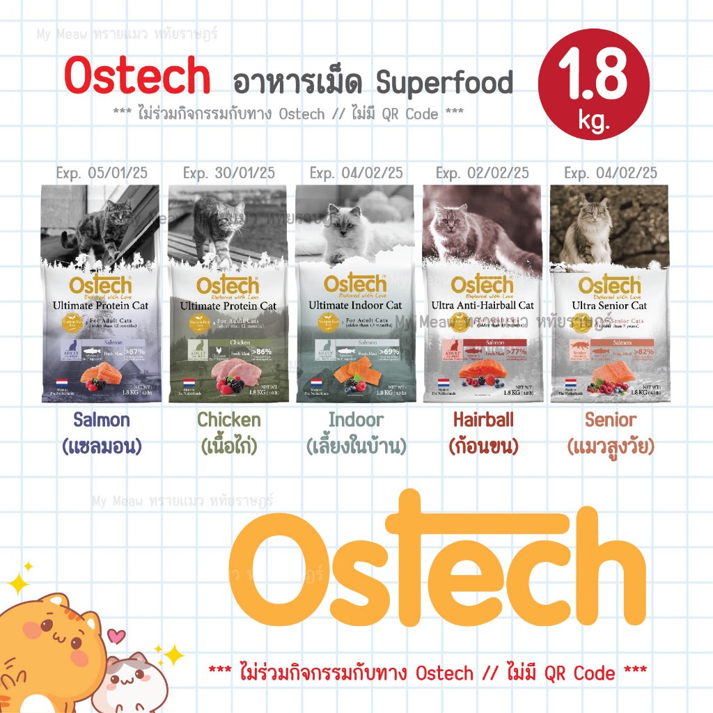 [Exp. 01-02/2025] ขนาด 1.8 kg. Ostech Superfood อาหารแมว เกรดพรีเมียม เกรนฟรี โปรตีนสูง ขนนุ่ม