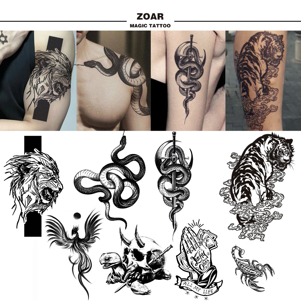 ZOAR พร้อมส่ง L14 Magic tattoo รูปแบบคนดังทางอินเทอร์เน็ตยอดนิยมของผู้ชาย สติ๊กเกอร์รอยสักสมุนไพร