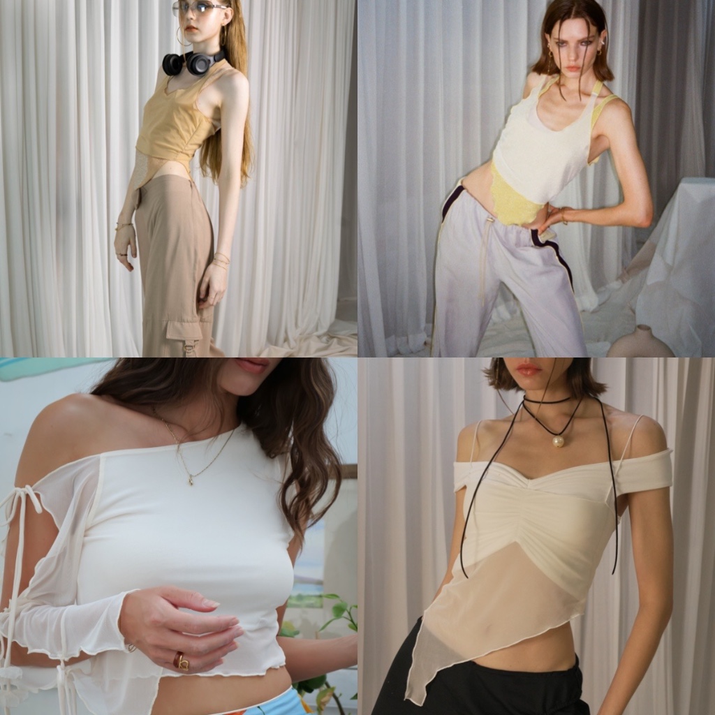 Try_yorata | Blursday Greece,Double tank,เสื้อครอปไหล่เดียวแขนปาด ประดับดอกไม้ ผ้ายืดใส่สบาย #ของแท้