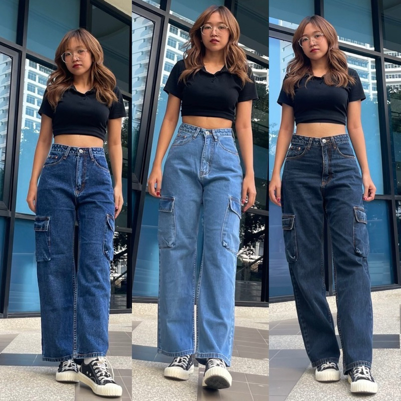 Q_Jeans l กางเกงยีนส์คาร์โก้ ทรงสวย เอวสูงขากระบอก  ผ้าไม่ยืด ผ้าหนานิ่ม