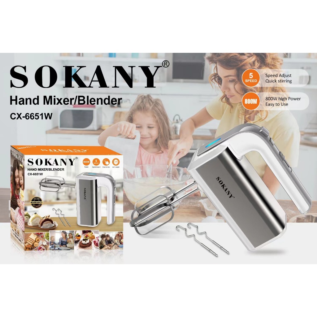 SOKANY 800W เหล็กกล้าไร้สนิม เครื่องผสมอาหาร เครื่องตีไข่ 5 ปรับความเร็ว หัวคนสองหัว