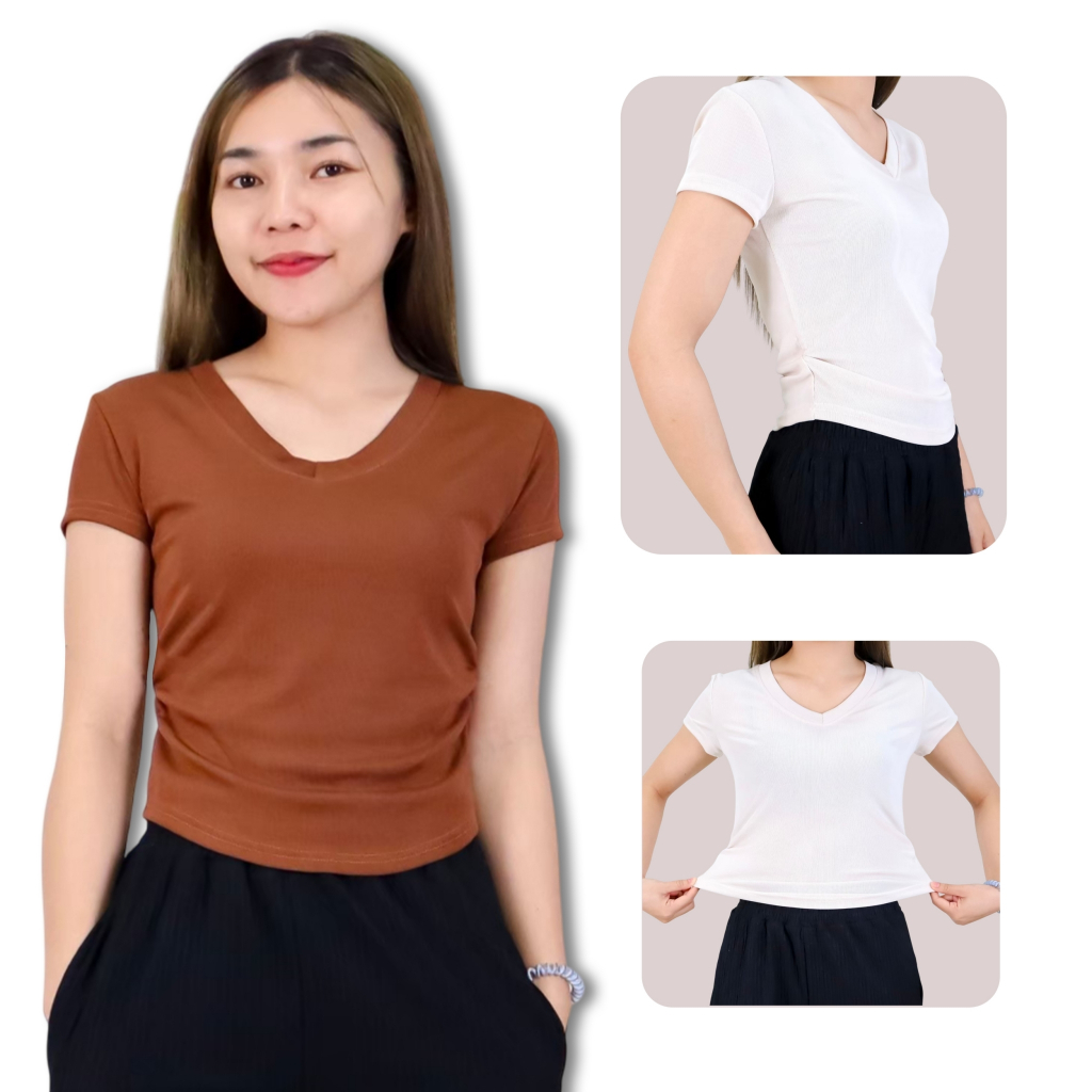 214# 214-2xl# เสื้อยืด มี 2 ไซส์ เสื้อคอวี แขนสั้น สาวอวบ เอวจั้ม ผ้าร่องเล็ก ทรงเข้ารูป