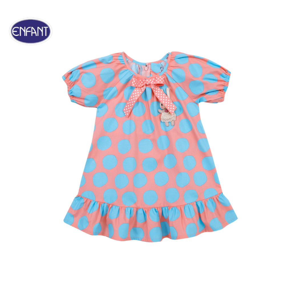 ENFANT (อองฟองต์) ชุดกระโปรงแขนตุ๊กตา+ที่คาดผม สำหรับเด็ก 6-12 เดือน คอลเล็กชั่น Happy Polka Dots สีชมพูจุดฟ้า