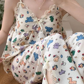 🧽ชุดนอนสาวเกาหลี มีฟองน้ำ ทรงเซ็กซี่ น่ารัก ชุดเซ็ต เสื้อผูกโบว์+กางเกงขายาว ลายดอกไม้ M-3XL | ส่งจากไทย