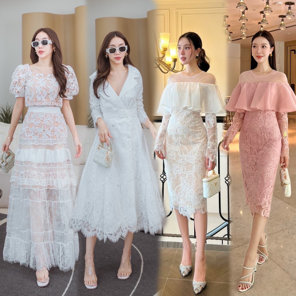 ชุดเดรสลูกไม้สีขาว,ชมพู ใส่ออกงาน ใส่ทำบุญ S-XL #Abigail