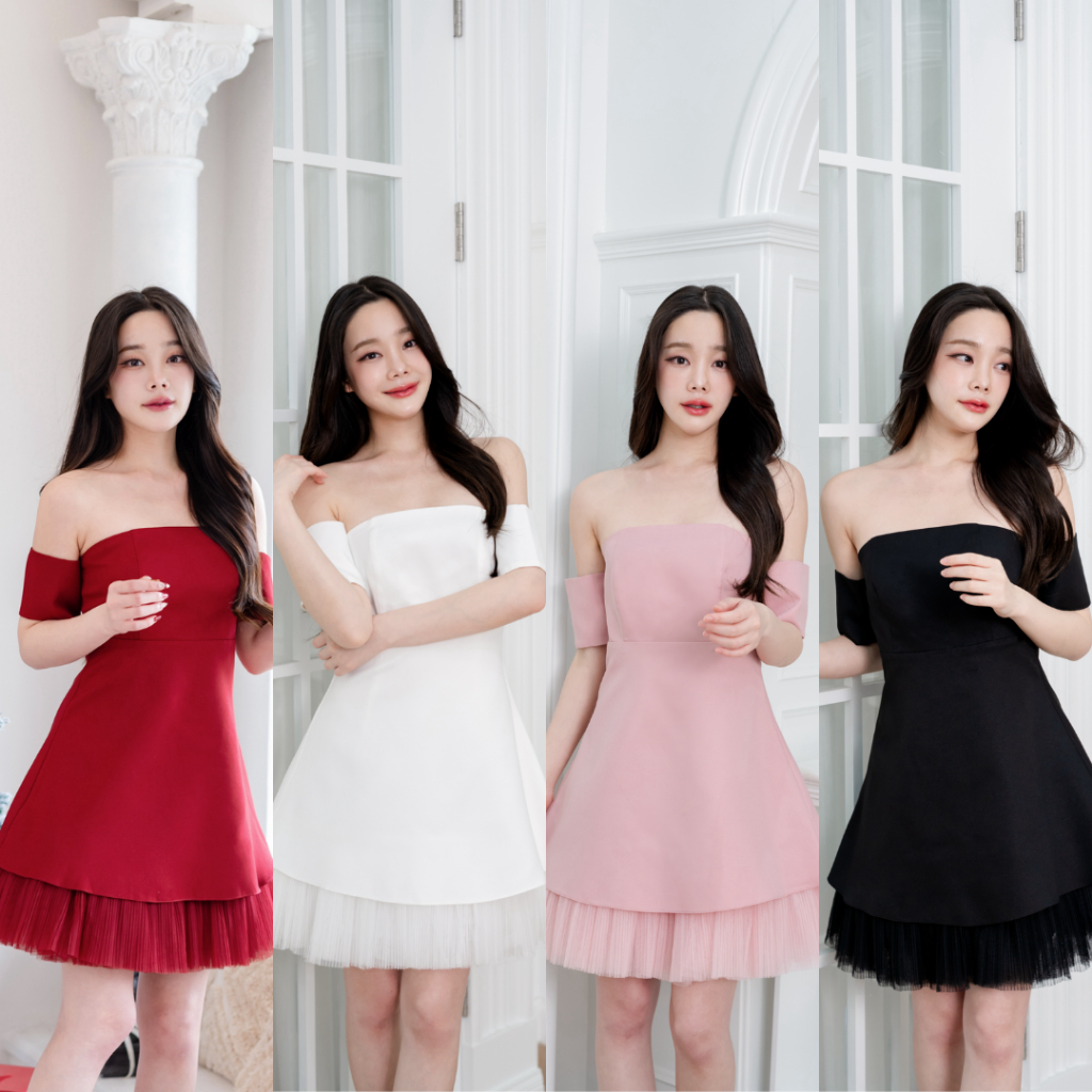 Pirunya - Mini Dress 36 เดรสสั้น มินิเดรส เกาะอก ปาดไหล่ แขนสั้น กระโปรงระบายตาข่ายอัดพลีท