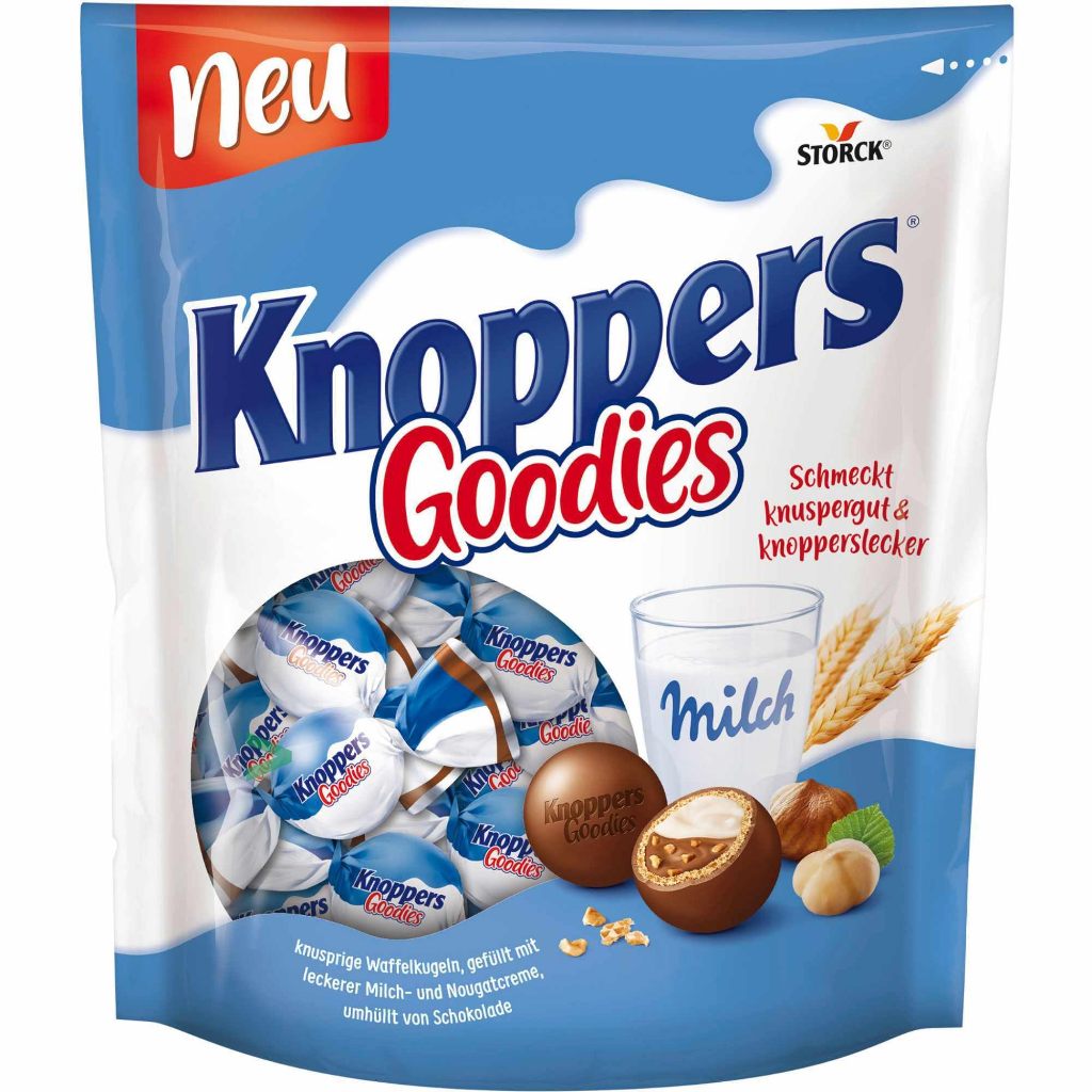Knoppers Goodies เวเฟอร์เคลือบช็อกโกแลตไส้ครีมนมและฮาเซนัทครั้นชี่ นํ้าหนัก 180 กรัม มี 23 ชิ้น จากเยอรมัน BBF.30/06/25