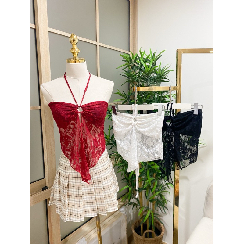 🎊mnv_shop🎊 เกาะอกแต่งสายผูกคอ ผ้าลูกไม้มีชับใจด้านหน้า 🔥🔥🔥