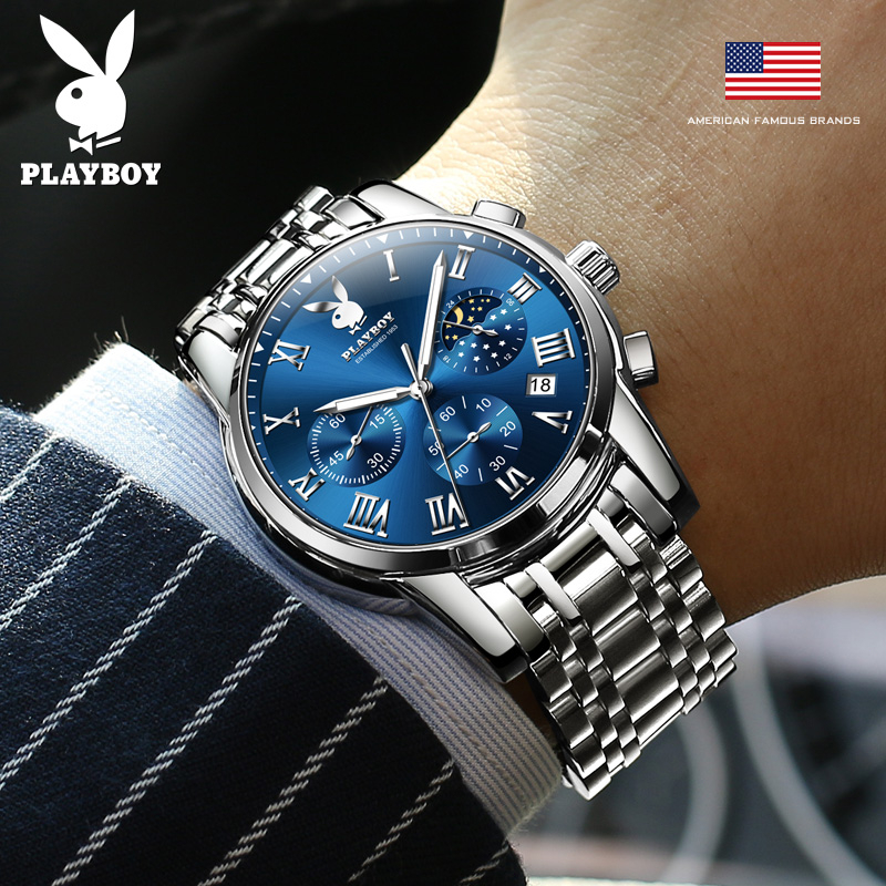 PLAYBOY （ขายแฟลช） สปอตสินค้า นาฬิกาผู้ชาย กันน้ำ ธุรกิจ พร้อมกล่อง ดูเวลา ดูวันที่ เรืองแสง สายสเตนเลส รับประกัน 3 ป
