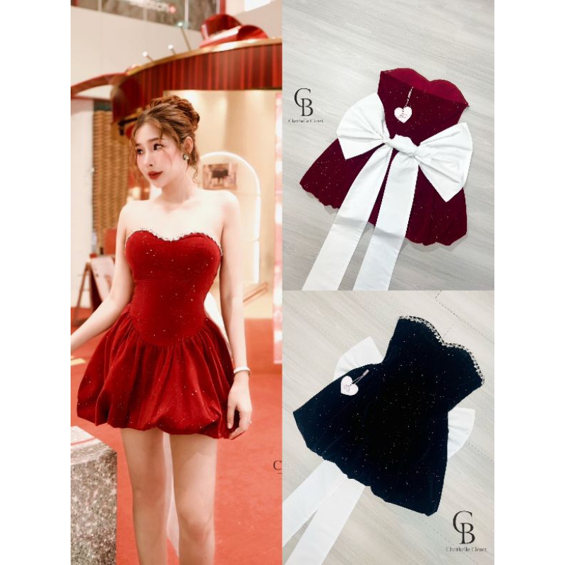 Cherbelle เดรสกำมะหยี่กากเพชรเกาะอกแต่งเพชรวิบวับประดับด้วยเข็มกลัดโบว์ติดด้านหลัง