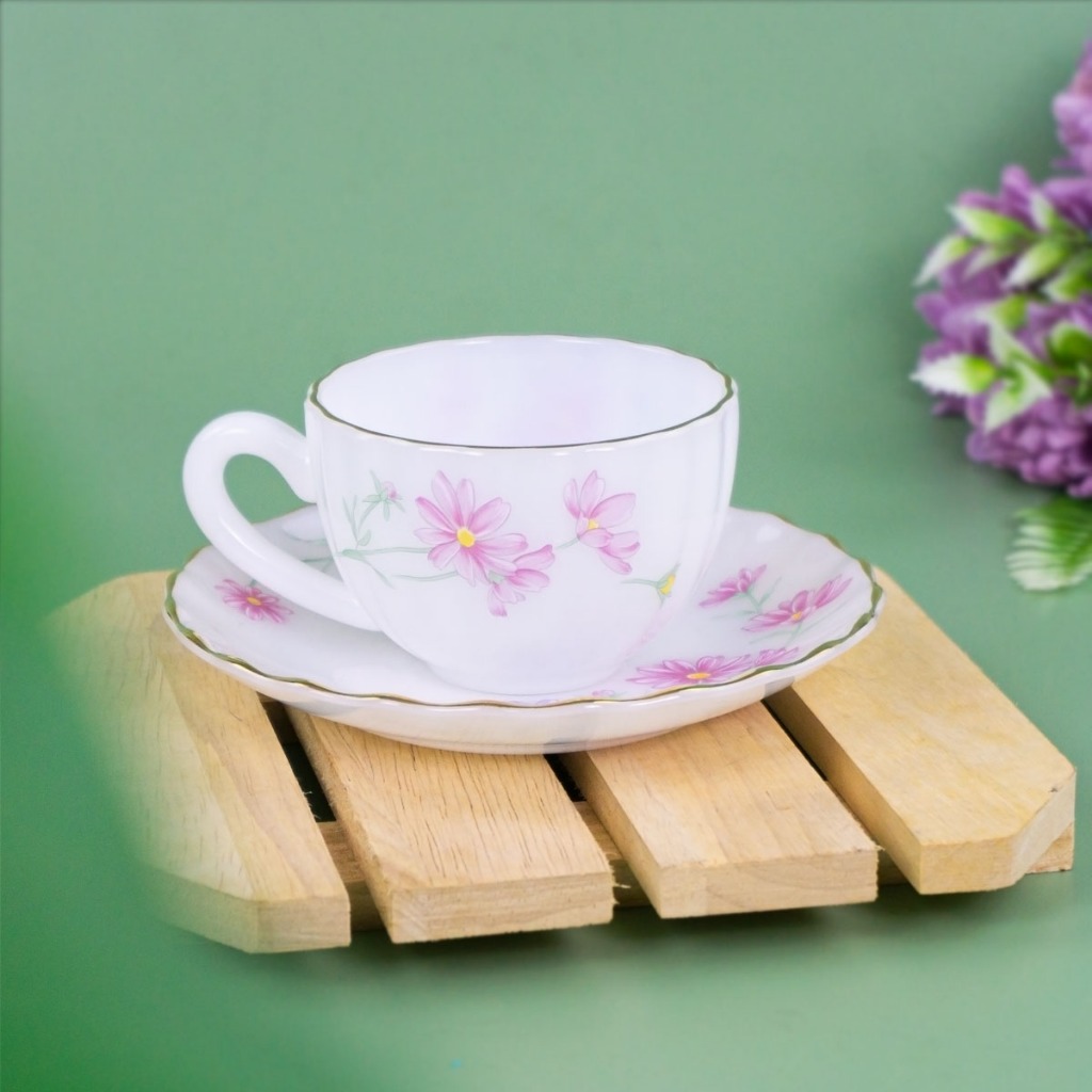 ถ้วยกาแฟพร้อมจานรอง เนื้อแก้วมุกลายSL60 ขอบทอง