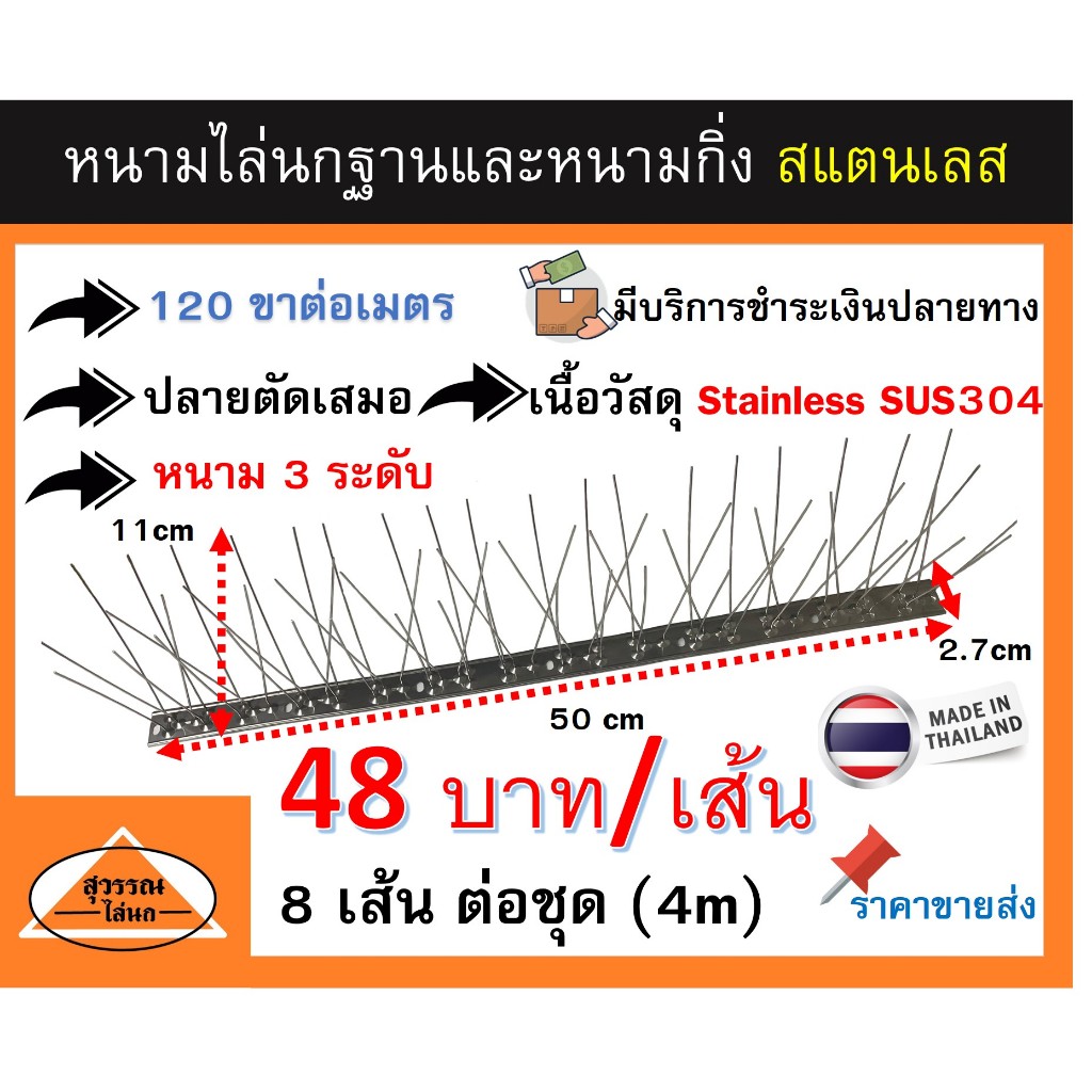 หนามกันนก หนามไล่นก หนามกันนกชนิดสเเตนเลสล้วน 100 % bird spike ชุด จำนวน 4 เมตร **ราคา 48 บาท ต่อเส้น**