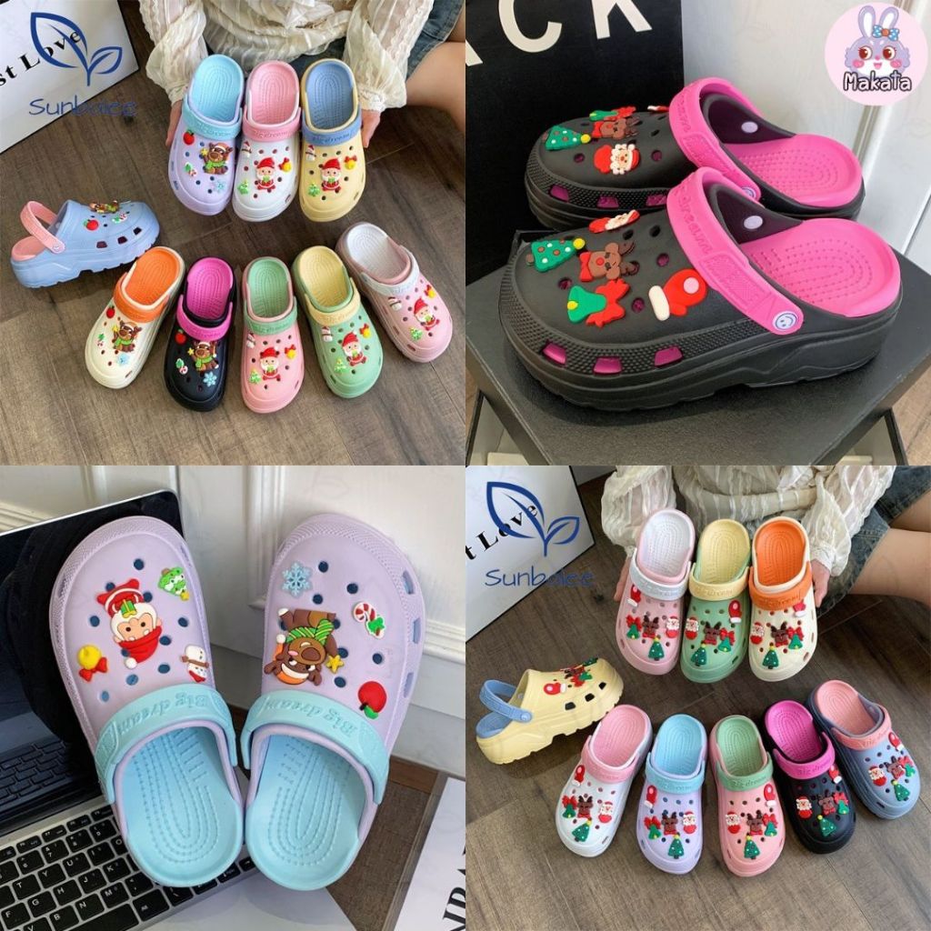 H-13 🎄 รองเท้าหัวโต รองเท้าคริสมาสต์ แถมตัวติด ใส่เทศกาล สีทูโทน เสริมส้นสูง สำหรับผู้หญิง วัสดุ EVA สินค้าพร้อมส่ง