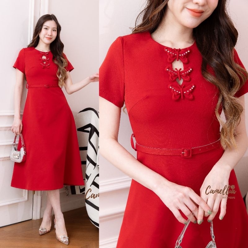 Camellia เดรสยาวสีแดงแขนสั้นแต่งผีเสื้อที่อกสวยหรูออกงานสีแดง