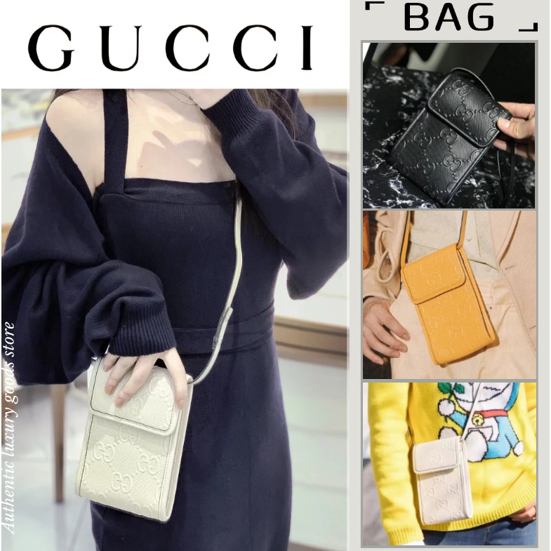 GUCCI/GUCCI กระเป๋าโทรศัพท์มือถือ/กระเป๋าใส่เหรียญ/หนังลายนูน/รูปแบบใหม่/แท้100%/กระเป๋าเมสเซนเจอร์