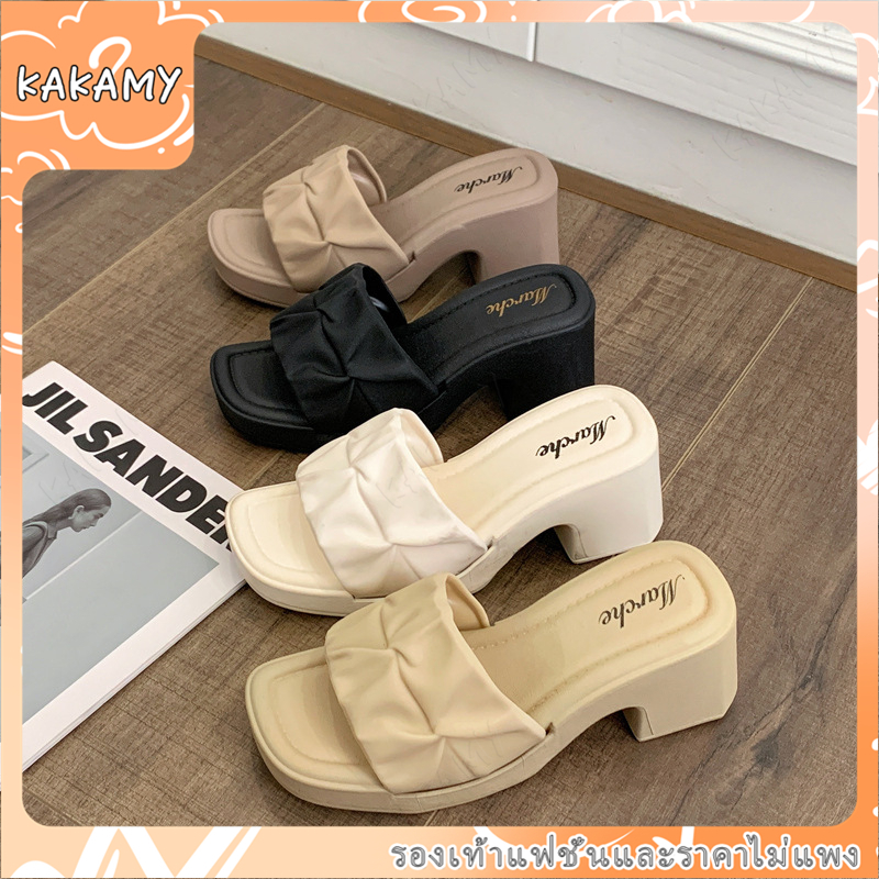 KAKAMY รองเท้าส้นสูงผู้หญิง 6 ซม. รองเท้าส้นสูงแบบสวม ยางพารา รองเท้าแตะผู้หญิง สวมใส่สบาย