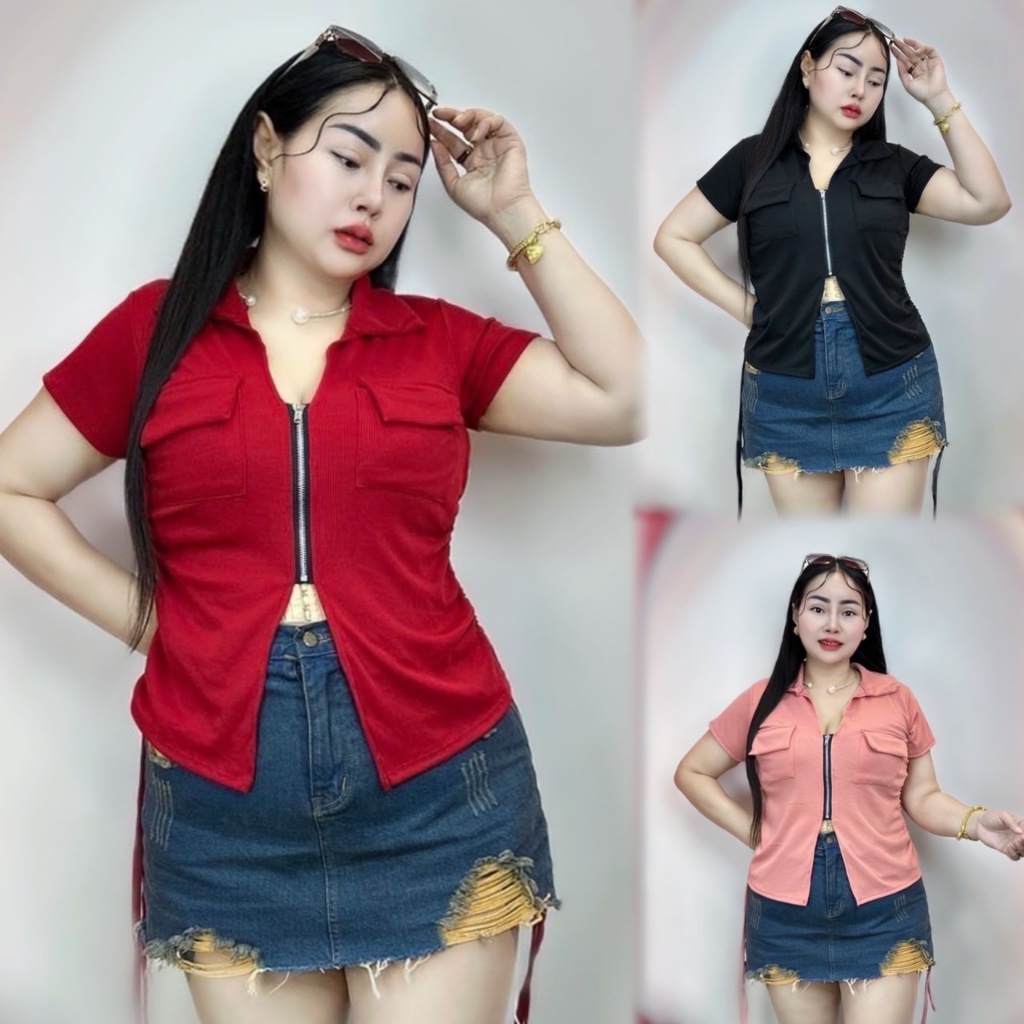 จัดส่งทันที 002เสื้อสาวอวบร้านต๋อง อก38-46 ยาว23-24 ผ้าร่องกระเป๋าใช้ได้จริงรูด2ข้างได้ **รุ่น ซิปยาวพี่แป้ง**