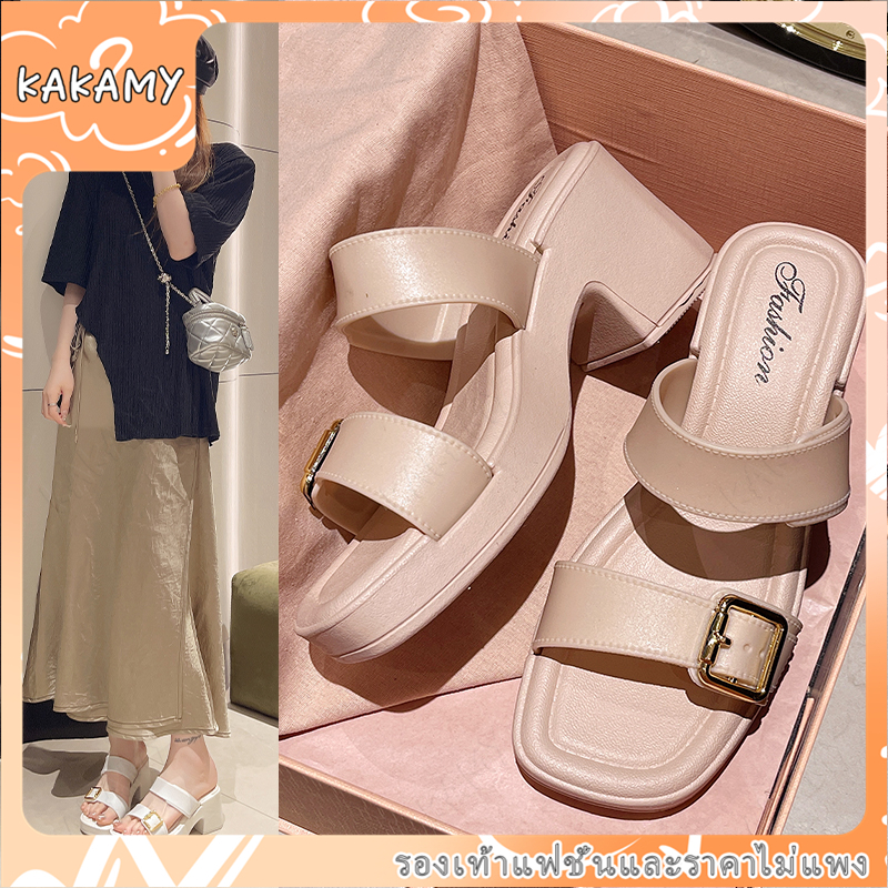 KAKAMY รองเท้าแตะ หนัง Pu ส้นกลาง ทรงสี่เหลี่ยม สีพื้น แบบเรียบง่าย สไตล์เกาหลี สําหรับผู้หญิง