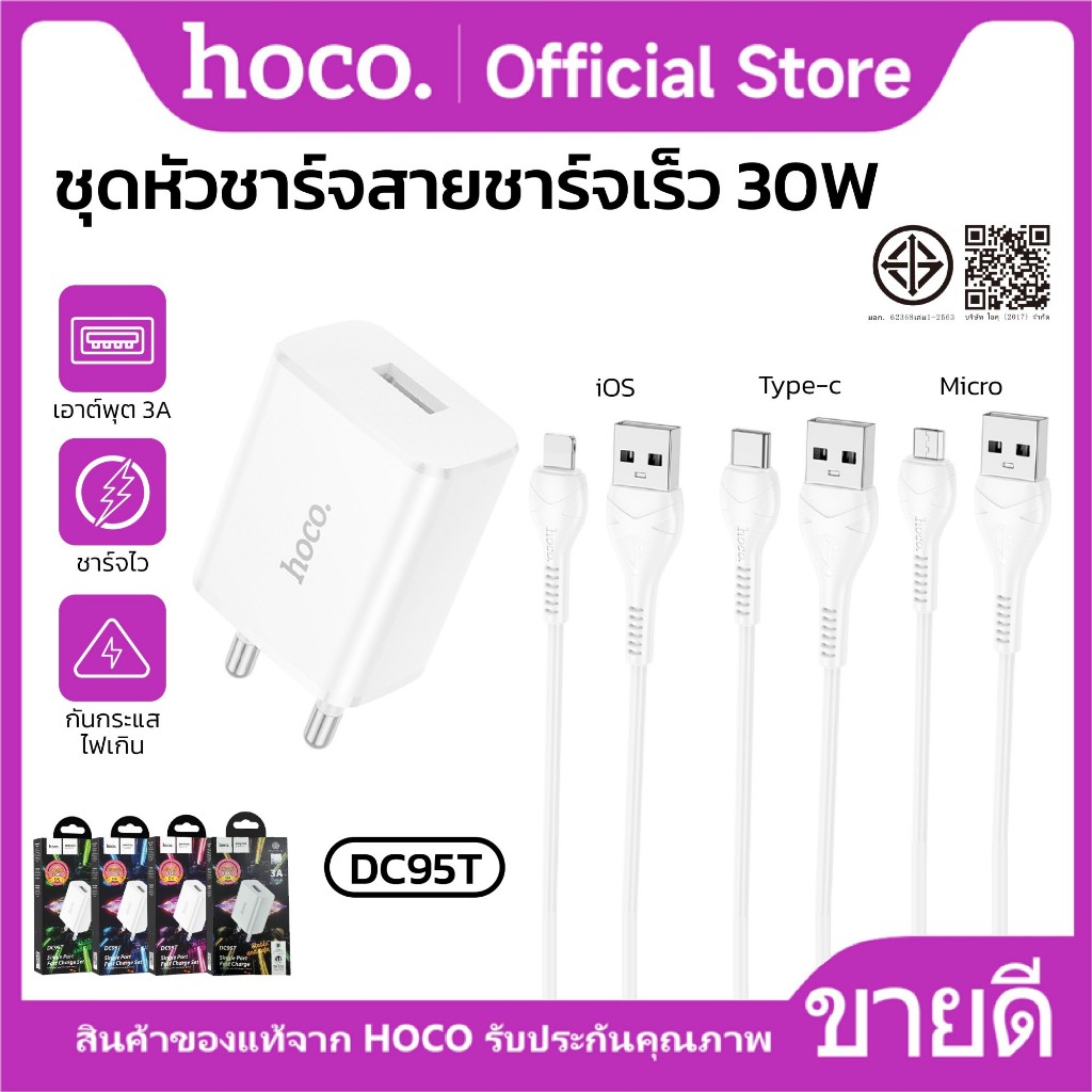 ชุดชาร์จเร็ว 30W ป้องกันกระแสไฟส่วนเกิน ชาร์จเสถียร 3A ใช้ได้กับทุกรุ่น HOCO DC95T