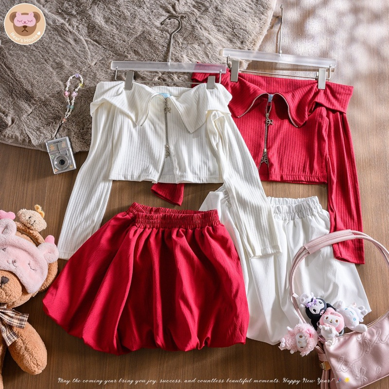 Vaniila Bow Crop ปาดไหล่ซิปโบว์เเขนยาว