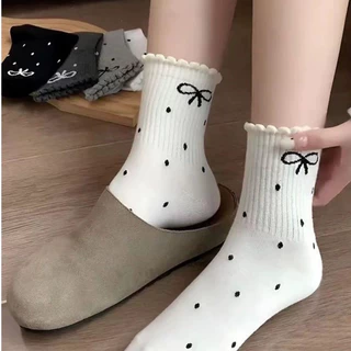 ถุงเท้า แฟชั่น ข้อยาว ลายโบว์สไตส์ญี่ปุ่น ถุงเท้าผู้หญิง sock
