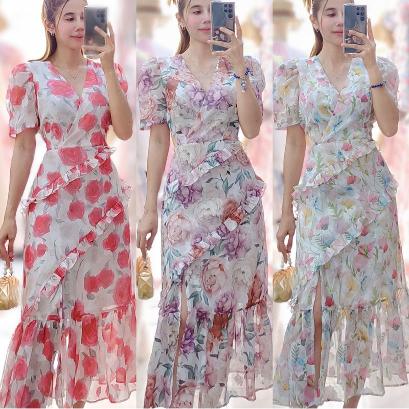 Best Sellerเดรสยาวคอวีผ้าชีฟองออแกนดี้ระบายเฉียงผ่าข้างลาย รูปที่ 8