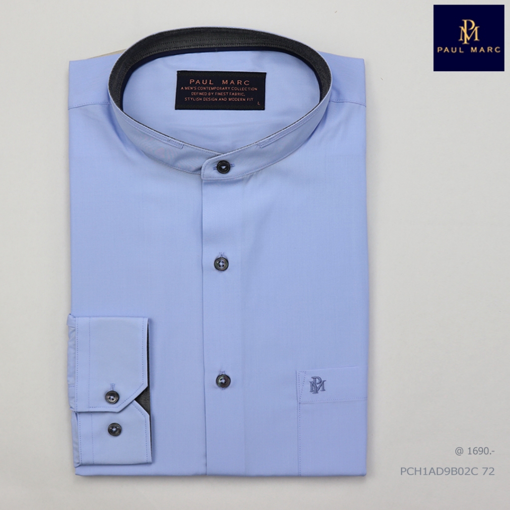 PAUL MARC เสื้อเชิ้ตคอจีนแขนยาว สีฟ้า slim fit bamboo shirt ผ้าใยไผ่ ยับยาก รีดง่าย PCH1AD9BC02