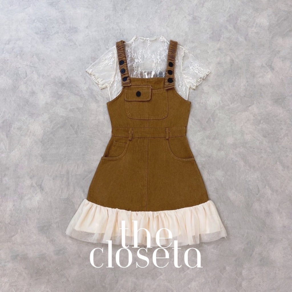 THE CLOSETA :(พร้อมส่ง) LB336 ชุดเอี๊ยมเสื้อซีทรูแขนสั้น+เอี๊ยมกระโปรงยีนส์สั้นแต่งชายระบายผ้าตาข่าย
