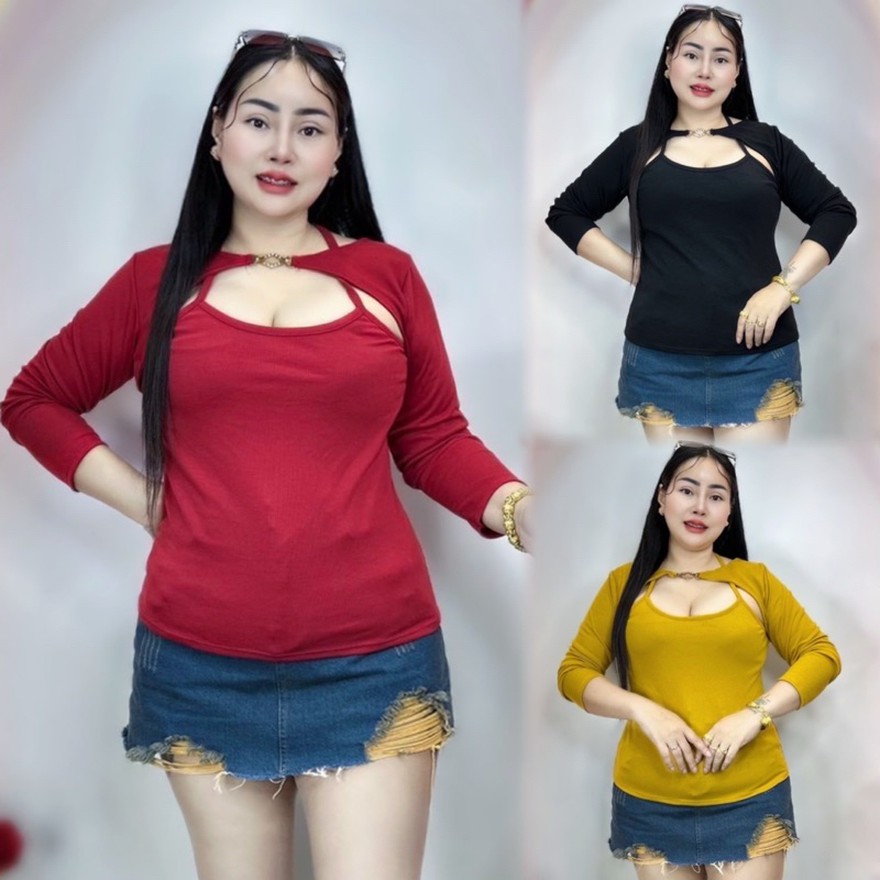 เสื้อแฟชั่นสาวอวบ**ปอแฟชั่น**อก38-46 ยาว24 ผ้าร่องเนื้อนิ่ม ติดอะไหล่เพชรสุดเรียบหรู เซกซี่ รุ่นคล้องคอเพชรหน้าแขนยาว