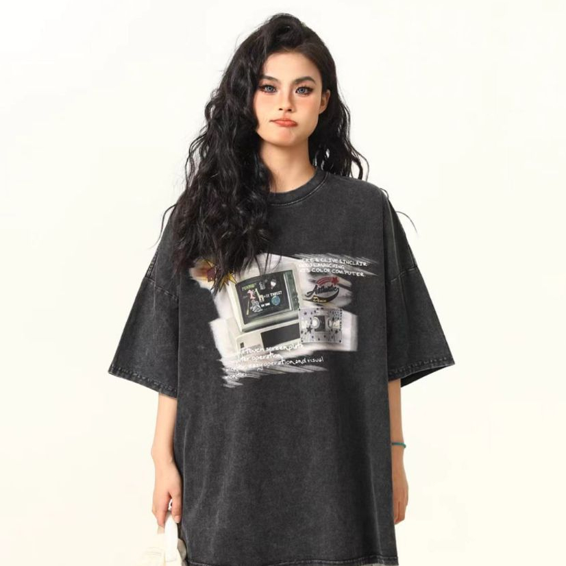 เสื้อยืดผ้าฝ้ายหนัก 230 กรัม/เสื้อยืดผู้หญิงย้อนยุคอเมริกัน/เสื้อยืดลำลองหลวมแฟชั่นสำหรับผู้หญิง