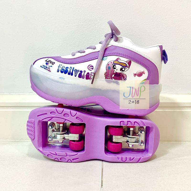 (พร้อมส่งจากไทย) รองเท้าสเก็ต รองเท้าสเก็ต4ล้อ พับล้อได้ ลายแมว