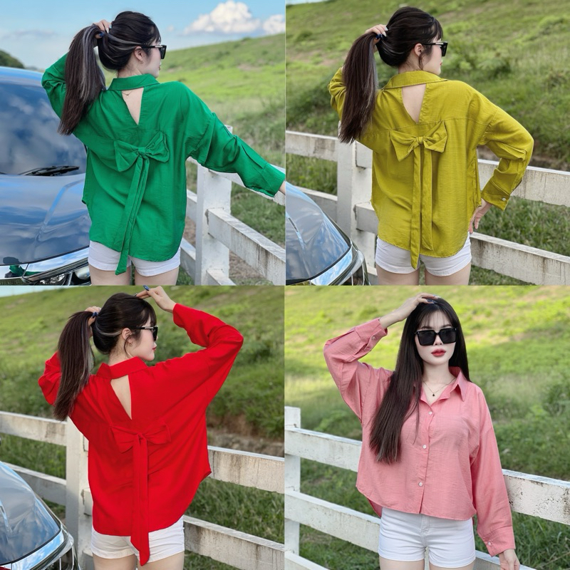 Sunny เสื้อเชิ้ตผ่าวีหลังแต่งโบว์ ทรงหน้าสั้นหลังยาว 10สี เสื้อผ่าหลัง