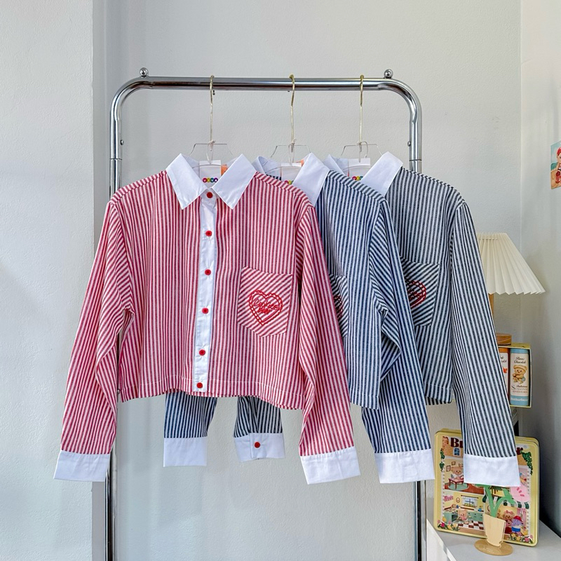เสื้อเชิ้ตริ้ว แขนยาว งานปักกระเป๋า