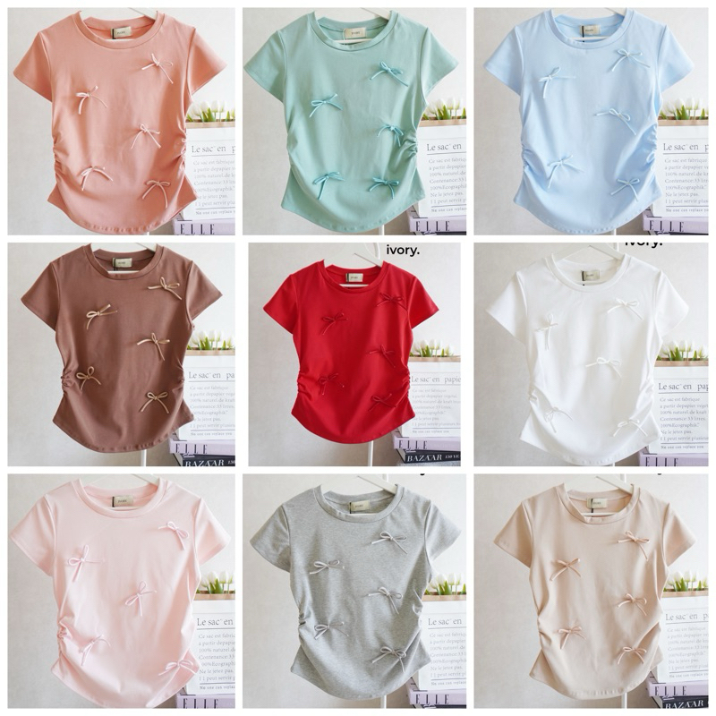 20-1ใหม่ เสื้อผ้ายูนิโคล่ แขนสั้นคอกลม หยุมข้าง แต่งโบว์เชือก